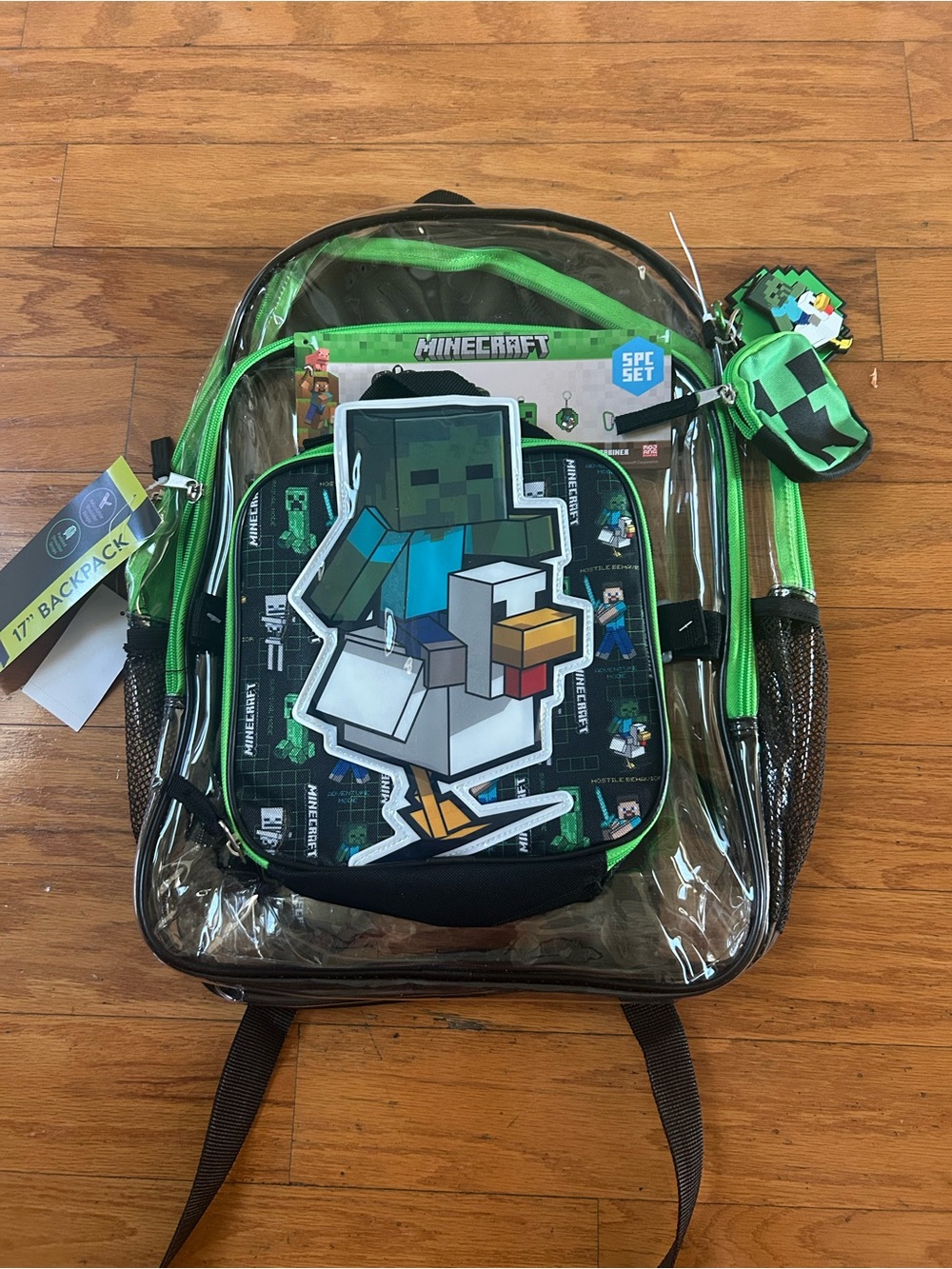 NWT Minecraft 17” clear backpack, lunch bag, pouch, keyring & carabiner 5pcs set